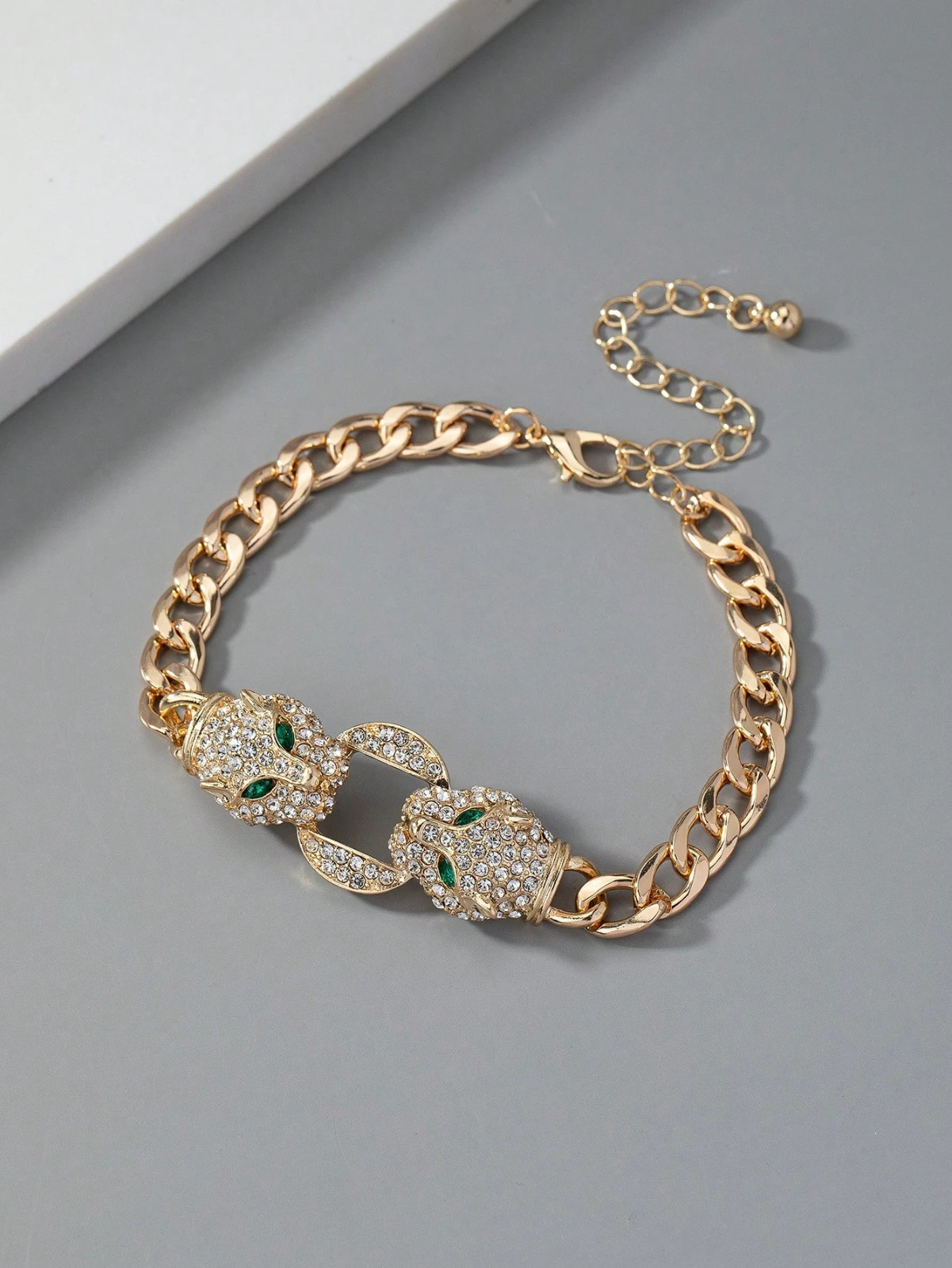 Women’s Leopard Charm Bracelet Green Eyes Gold Tone Animal Cuff Bangle