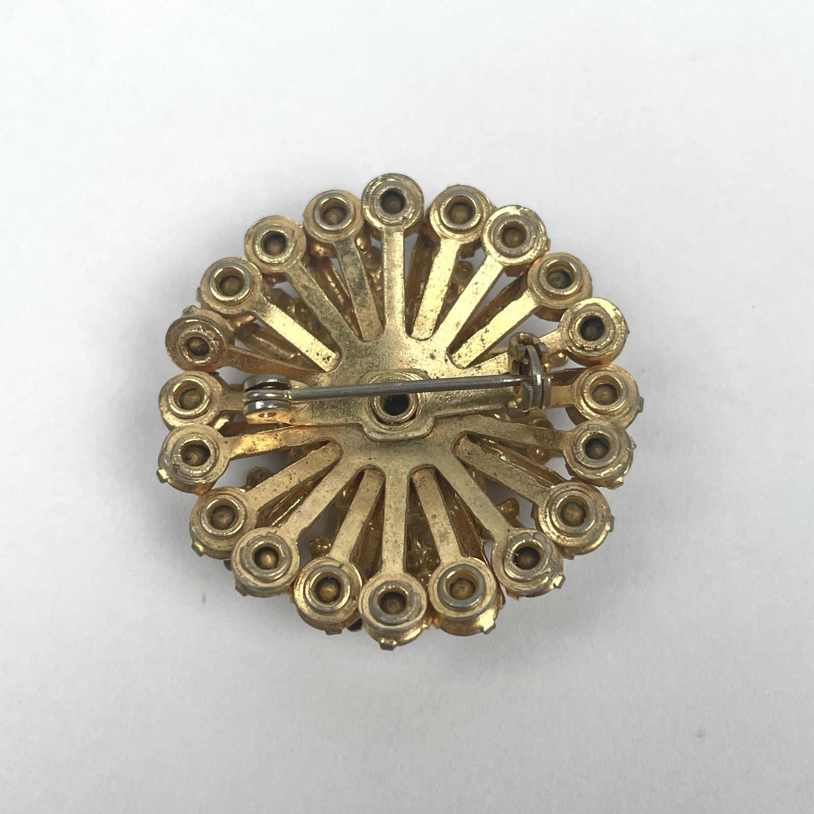 VTG 50s 60s Gold Tone Sunburst Medallion Brooch Blue Clear Rhinestone Pin