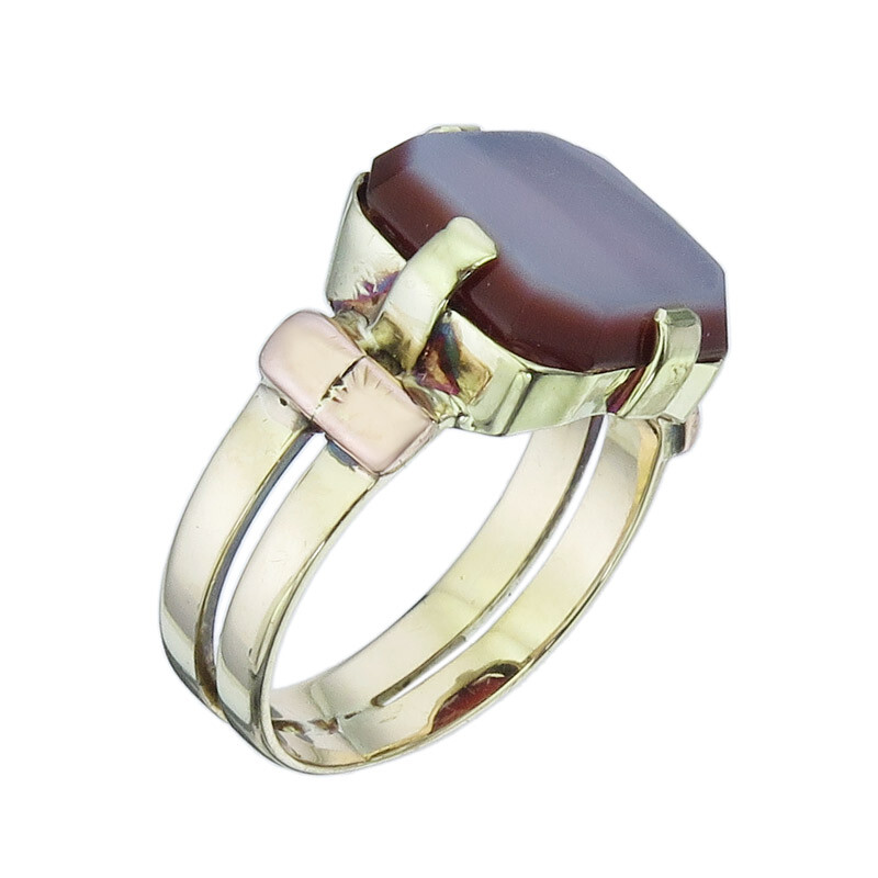 Signet ring without engraving layered stone 585 rose and yellow gold antique