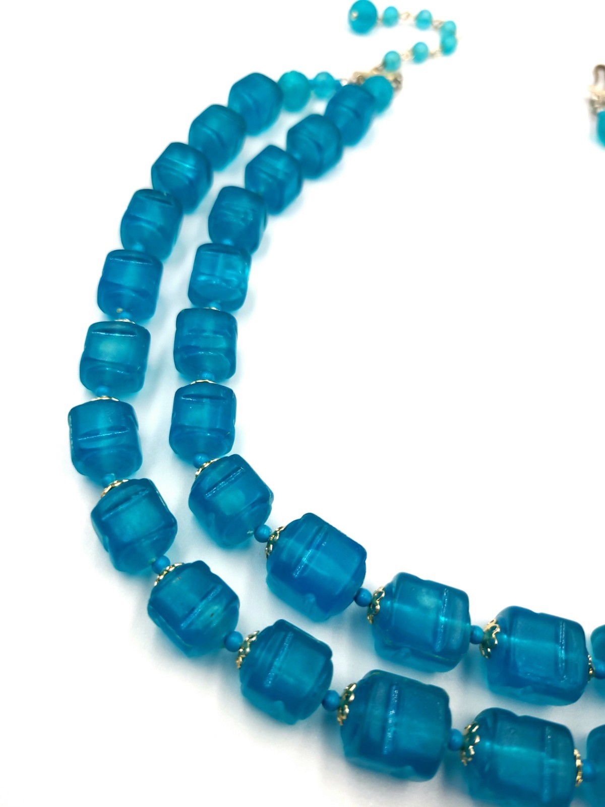 VINTAGE 50’S Double STRAND Turquoise Blue Lucite Square BEADED NECKLACE 20.5in