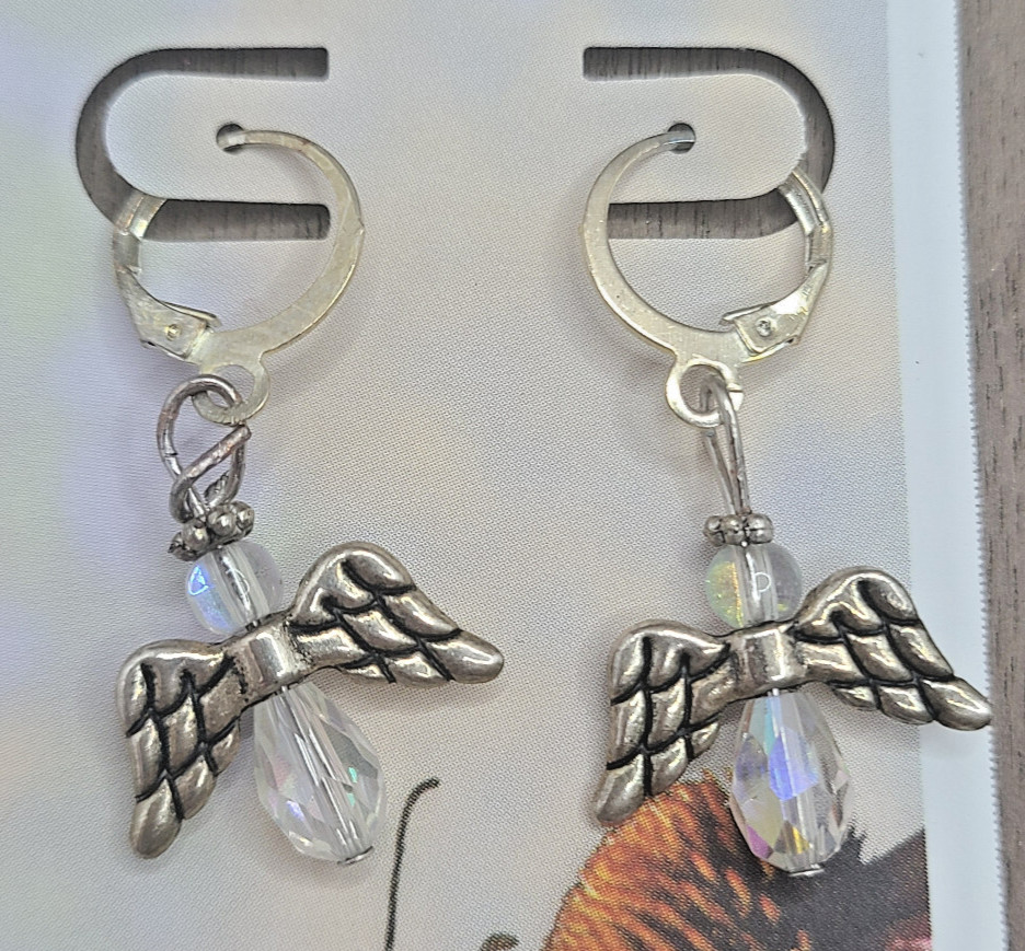 Silver and Crystal Angel Leveback Earrings Made in USA Perfect for Mother’s Day