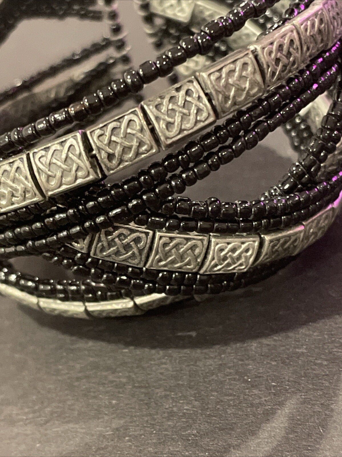 VINTAGE Beaded Cuff BRACELET Black & Silver ~ Seed Beads & Pewter Look Charms
