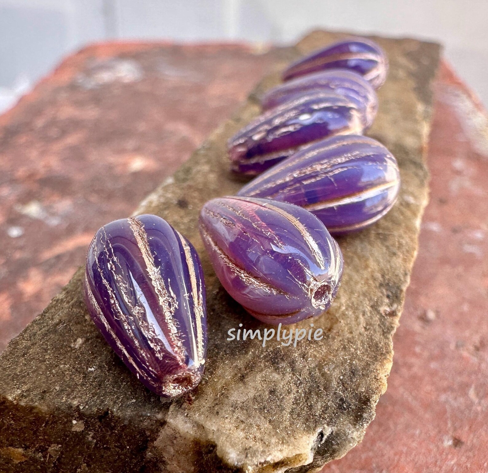 Lilac Copper Wash Dangle Drop 6 Czech Teardrop Glass Beads Bohemian