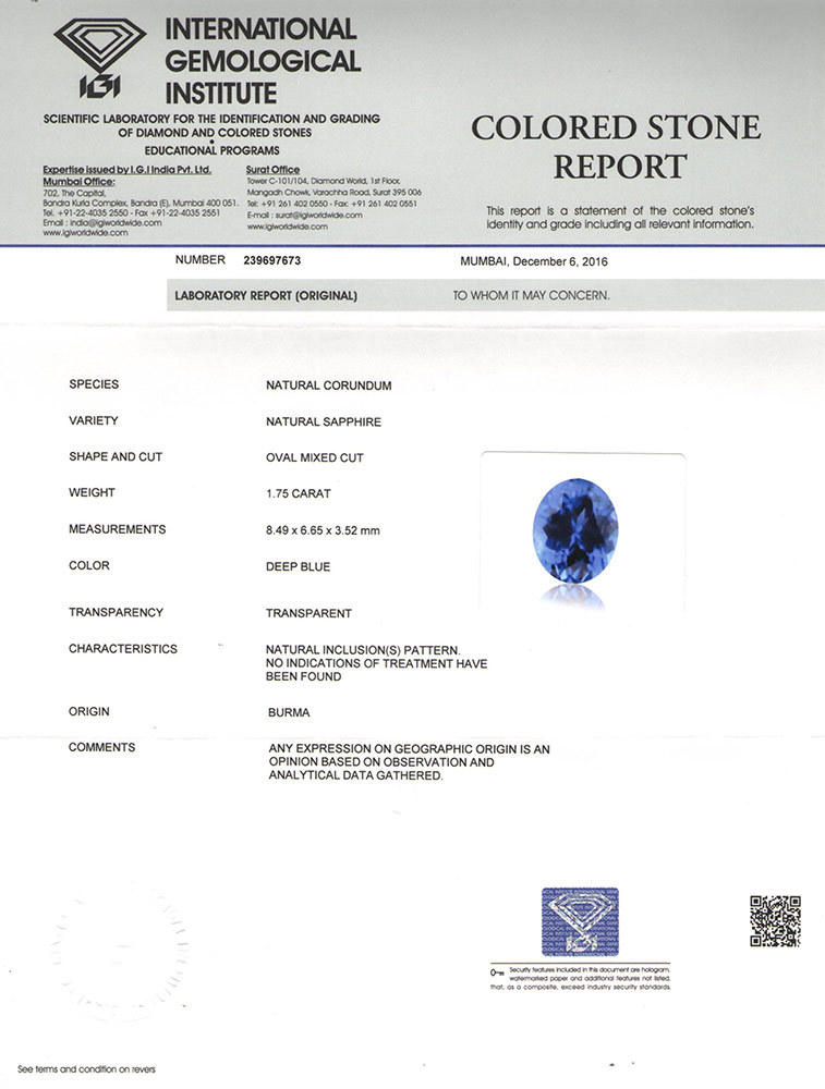 IGI Certified BURMA Blue Sapphire 1.75 Cts Natural Untreated Cornflower Blue