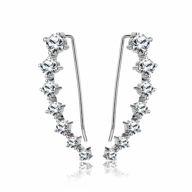 925 Sterling Silver Ear Crawler Cuff Climber Earrings 7 Crystal CZ Women Box K50