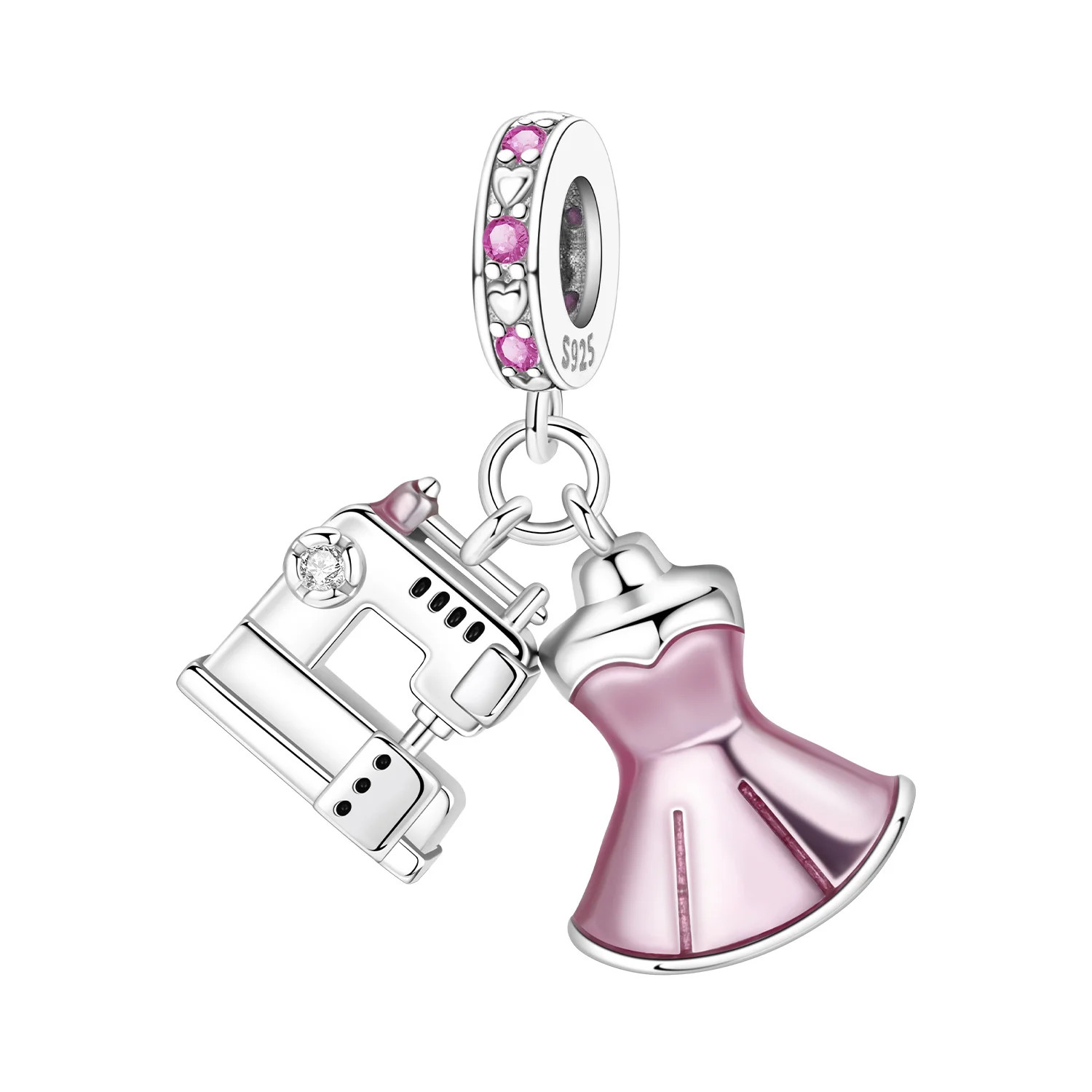 Original 925 Silver Sewing Machine Pendant Pink Dress Necklace Birthday Party