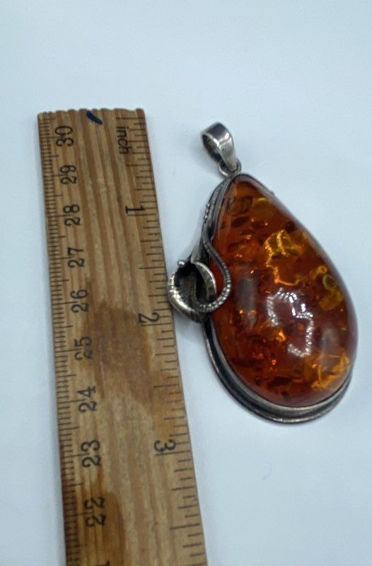 Sterling Silver 925 Cognac Amber Teardrop Pendant Floral Calla Lily 2.75″ 28.5g