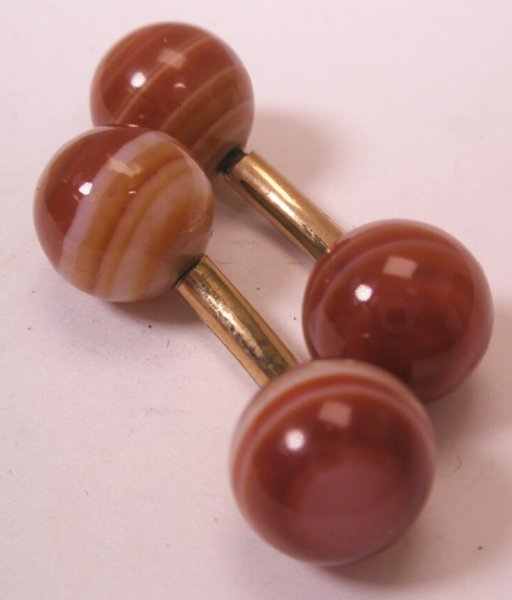 Banded Agate Ball-Ends Gold Plated Double Sided Vintage SMALL Cuff Links d143