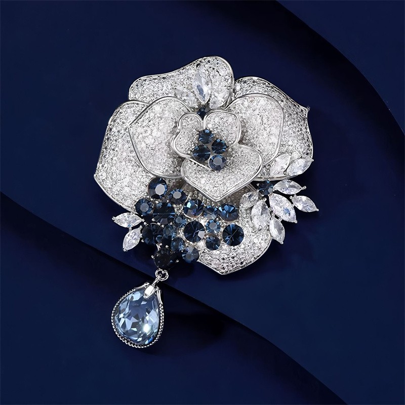 Women Rose Flower Brooch Blue Crystal Rhinestone Pin Elegant Floral Pendant Jewe