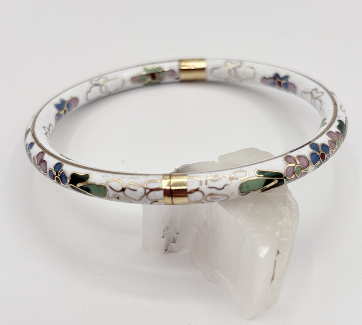 Hinged White Cloisonne Bangle Bracelet, Multi-colored Floral Enamel Bracelet