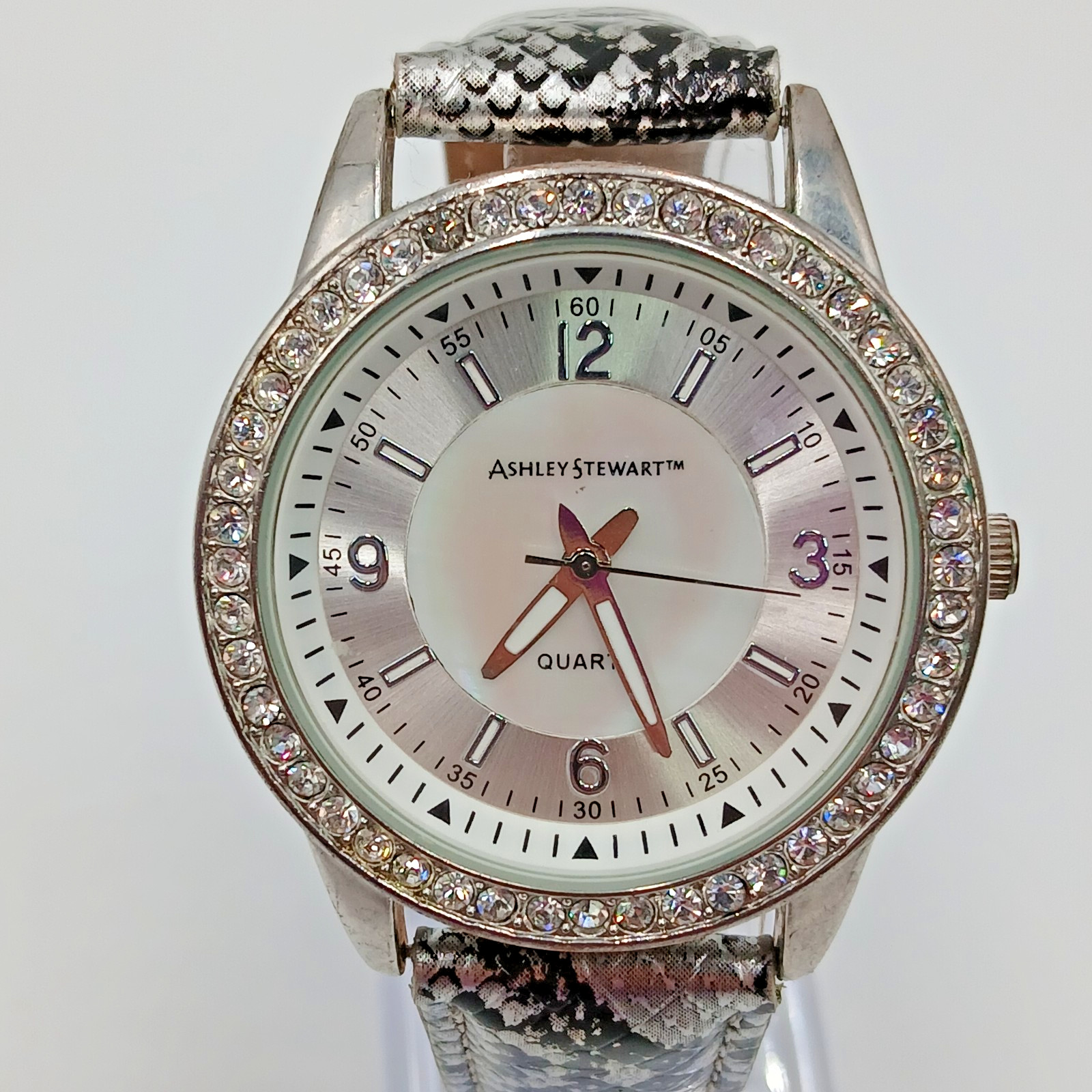 Ashley Stewart Watch Mother of Pearl Silver Tone Crystal Bezel Seconds Hand