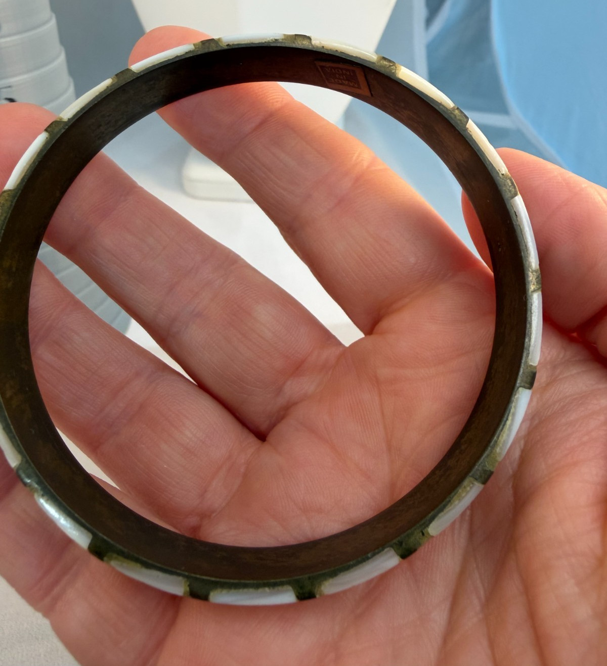 Vintage 1970s Brass Bangle Stack Mother of Pearl Dyed Bovine Inlay Boho Green