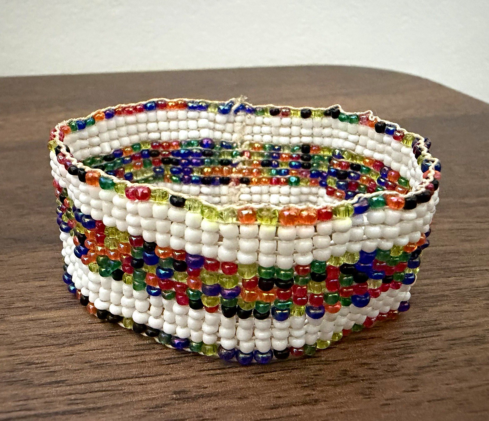 Handmade Beaded Cuff Bracelet Geometric Loom Woven Glass Seed Bead Slips On 1″ W