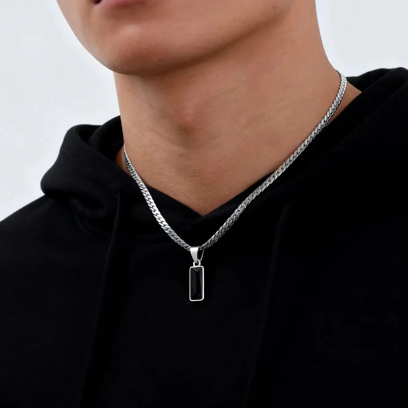 Mens Geometric Stone Pendant Necklace Stainless Steel Cuban Chain Hip Hop Gift