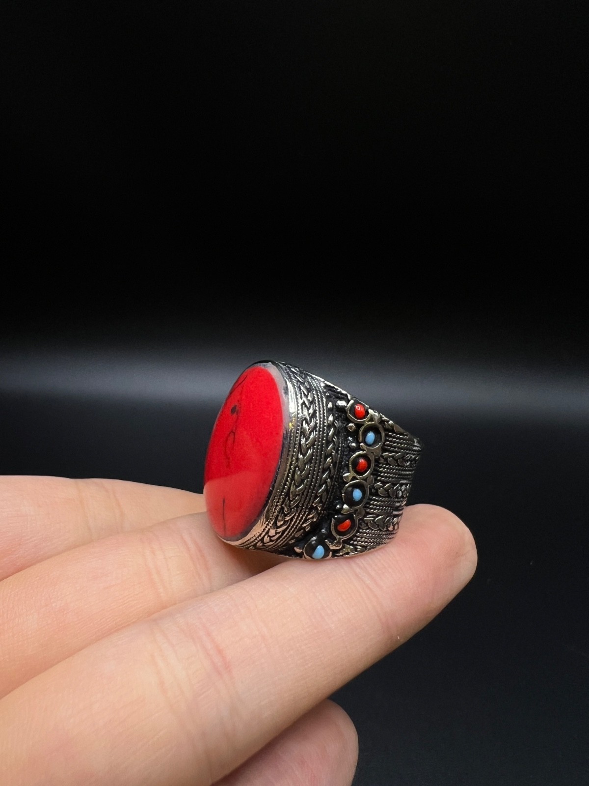 Vintage Red Coral Statement Ring, Large Oval Cabochon Ring, Tibetan Tribal Boho