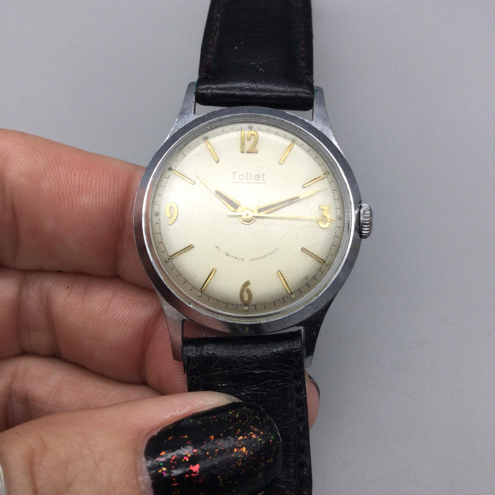 Vintage Tollet Mens Watch 32mm Cream Dial Silver Tone Black Leather Manual Wind