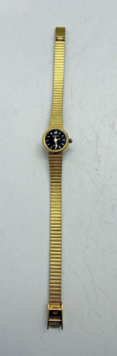 Vtg Benrus Diamond Quartz Women’s Watch Black Dial Gold Tone Stainless Steel