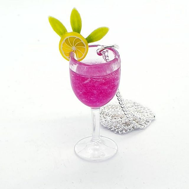 Handmade PINK PARADISE COCKTAIL GLASS NECKLACE party DRINK lemon MINIATURE cute
