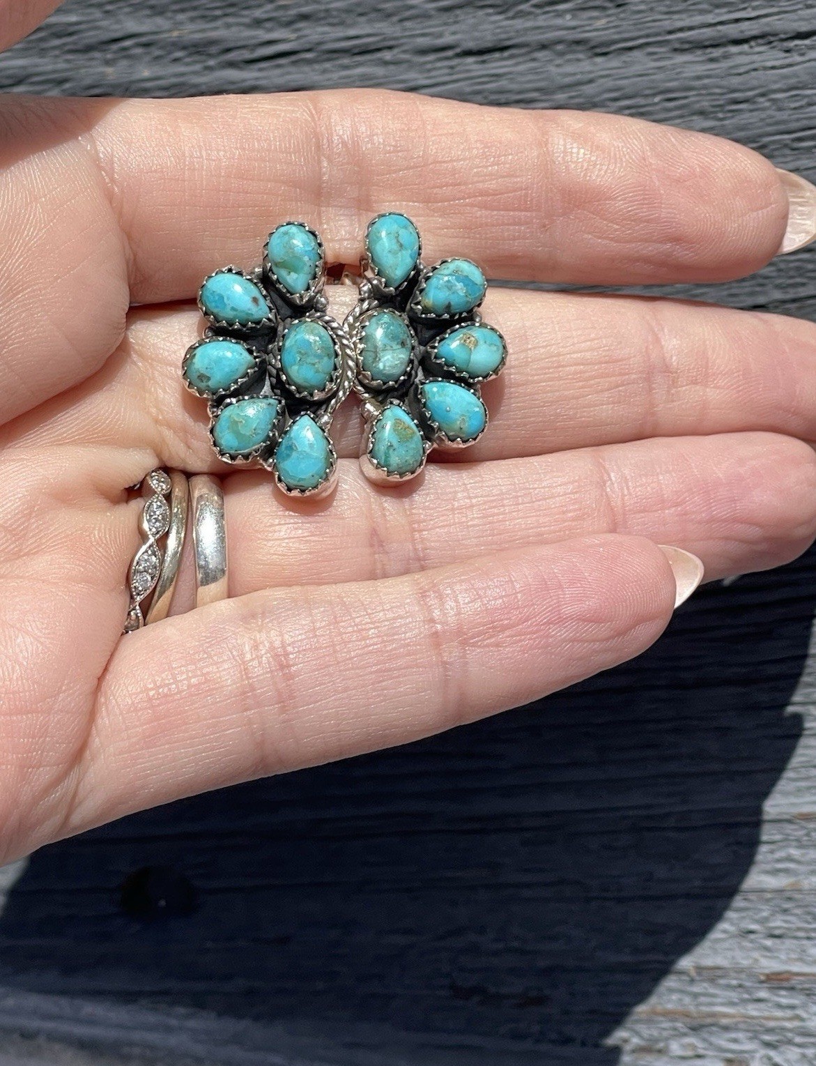 Native American Style Sterling Silver Turquoise Half Cluster Earrings Southwest