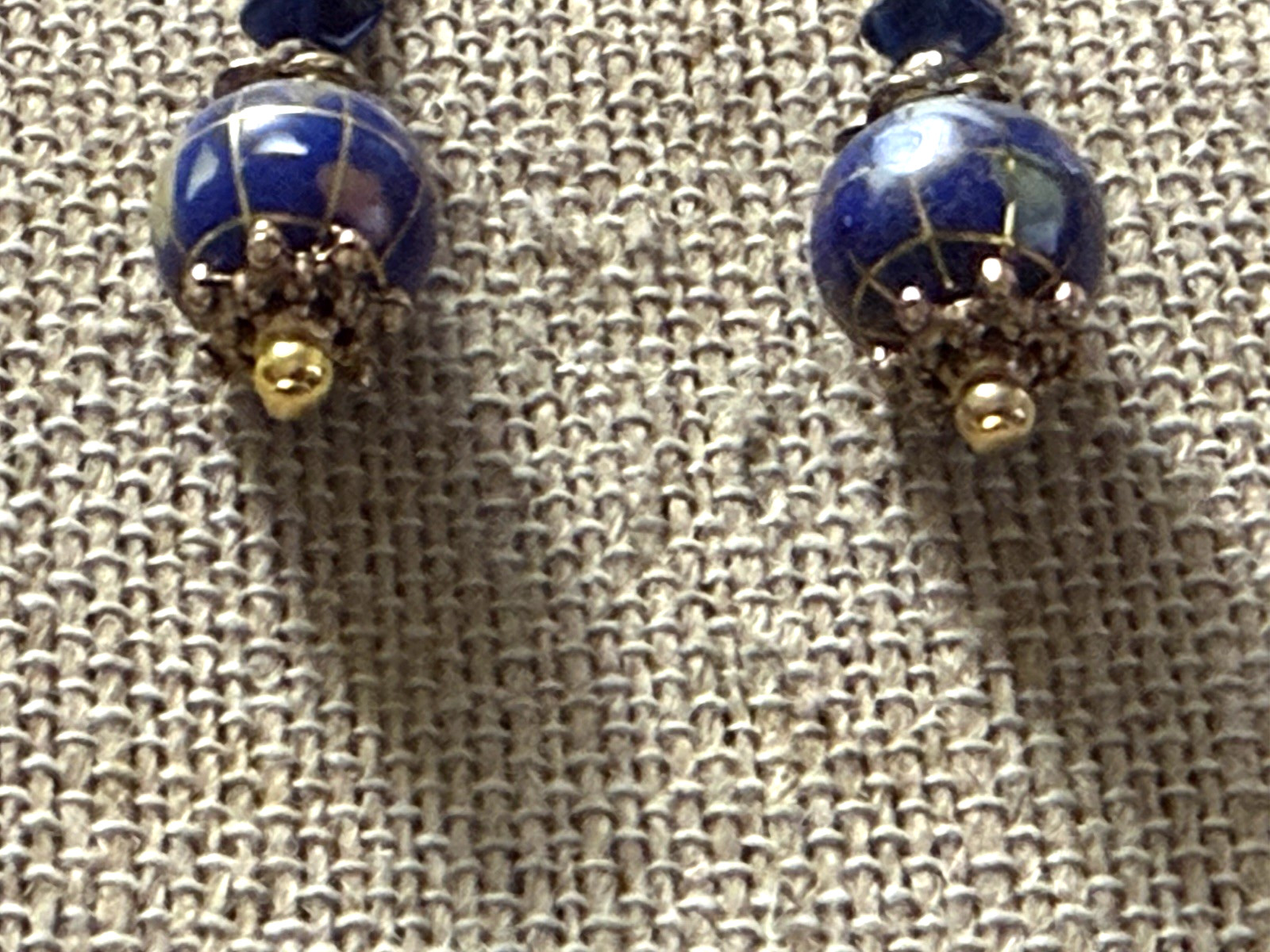 NEW ITEM*VTG. 12MM BLUE LAPIS GEMSTONE INTARSIA GLOBE EARRINGS-14K EAR WIRES-NEW
