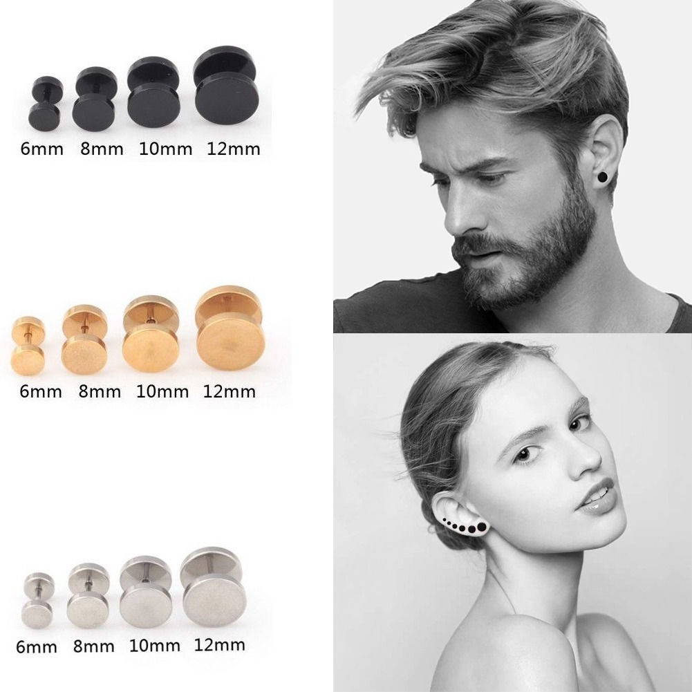 1 Pair Stud Earrings Mens Womens Faux Gauges Ear Tunnel Stainless Steel Earrings