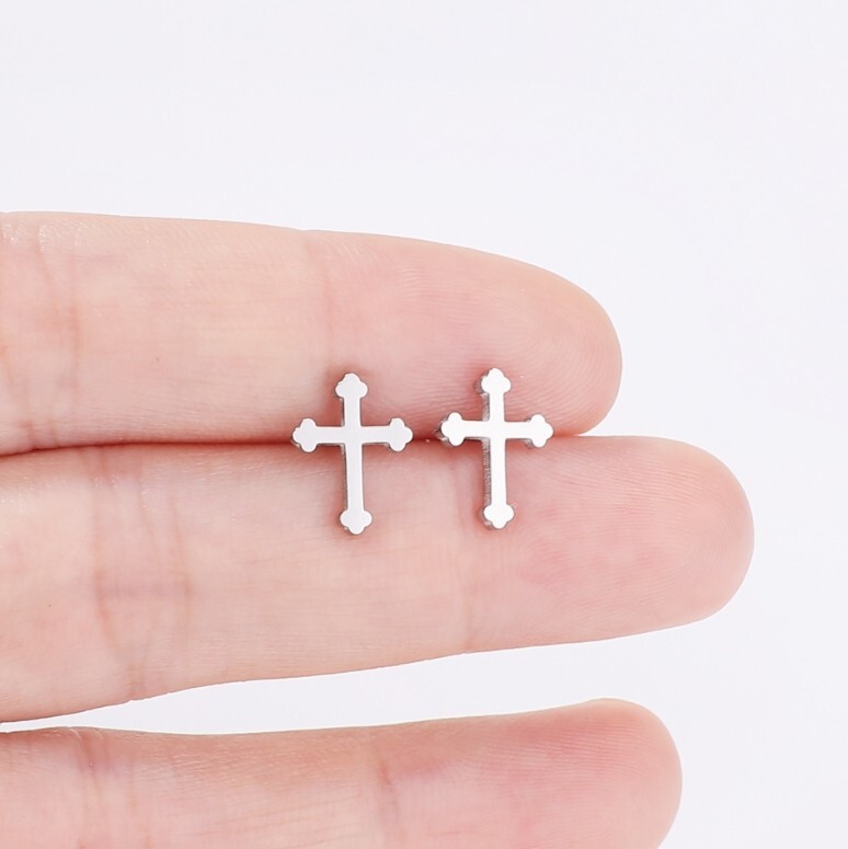 Titanium Silver/Gold/Black Faith Cross Stud Earrings