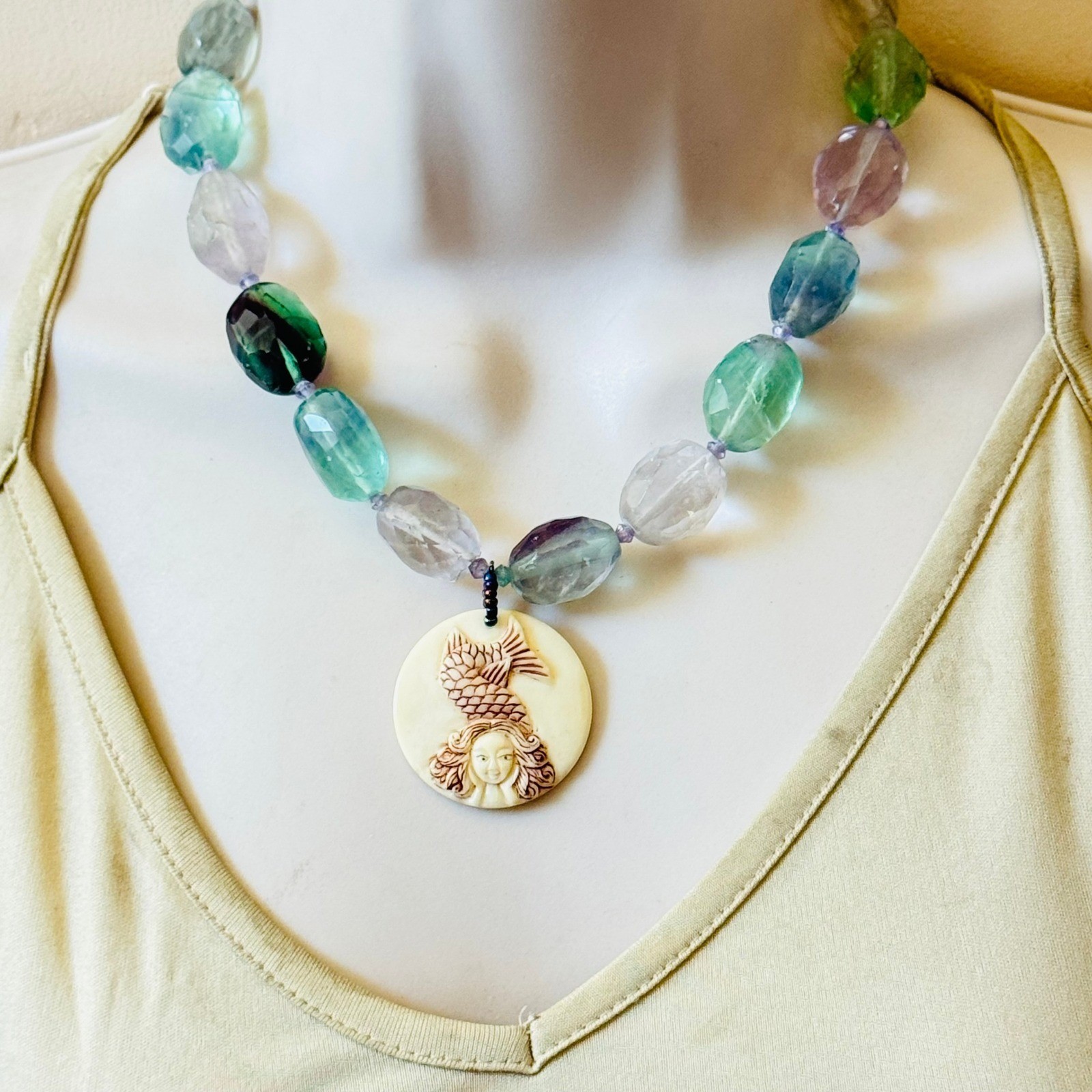 VTG Mermaid Rainbow Fluorite Necklace Natural Beads Whimsical sterling 925 18″