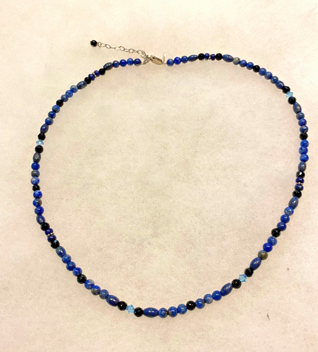 Sajen Lapis, Onyx and Blue Crystal Necklace – 18 In. Long with 2 In. Extender