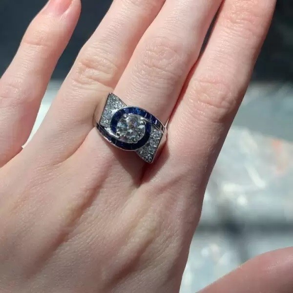 2 ct Round Baguette Created Diamond & Sapphire 14k White Gold Fn Engagement Ring