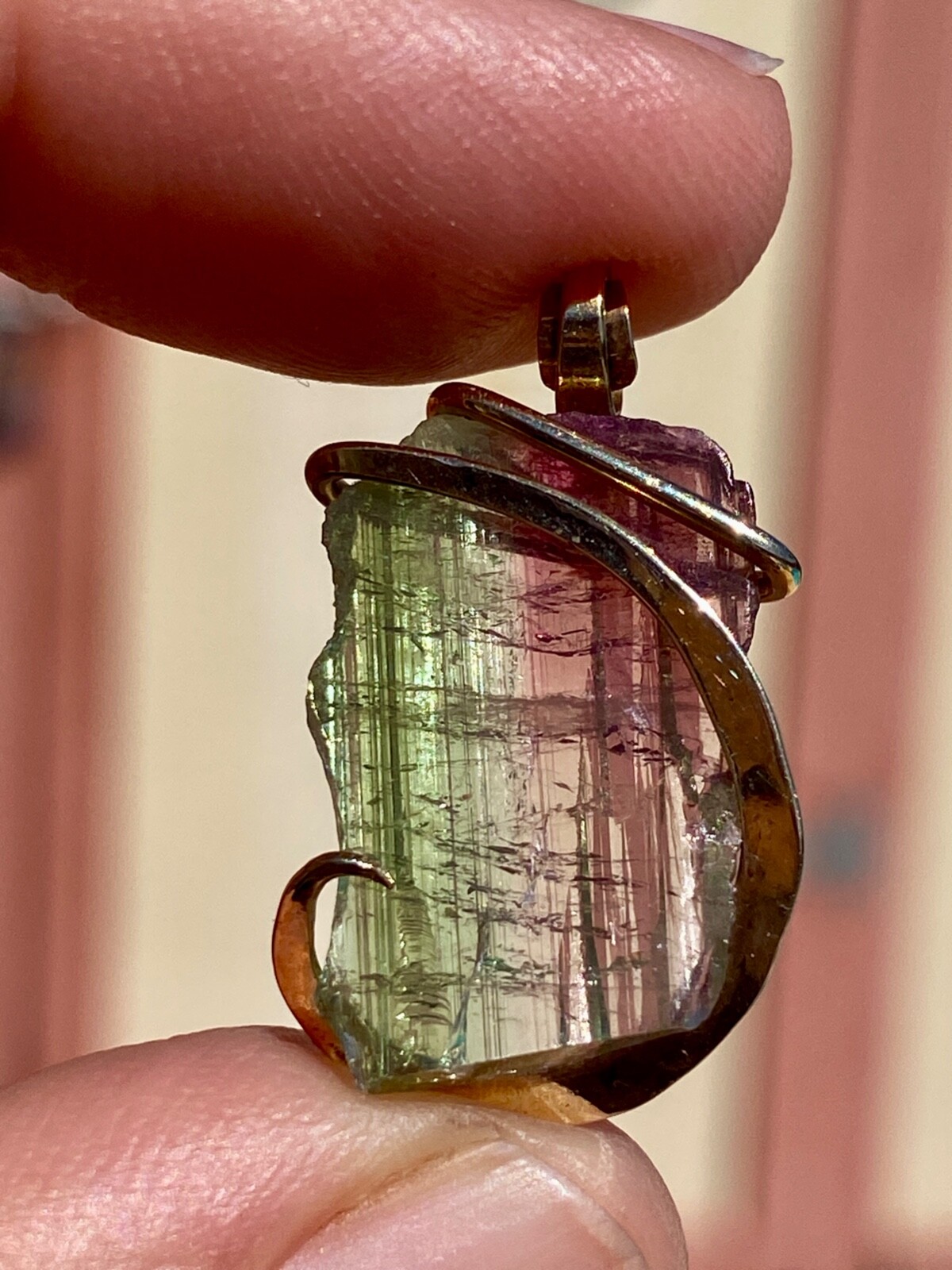 15.02ct Tourmaline Brazil Bi-Color Slice Forge 14K Yellow Gold Pendant Total Wt