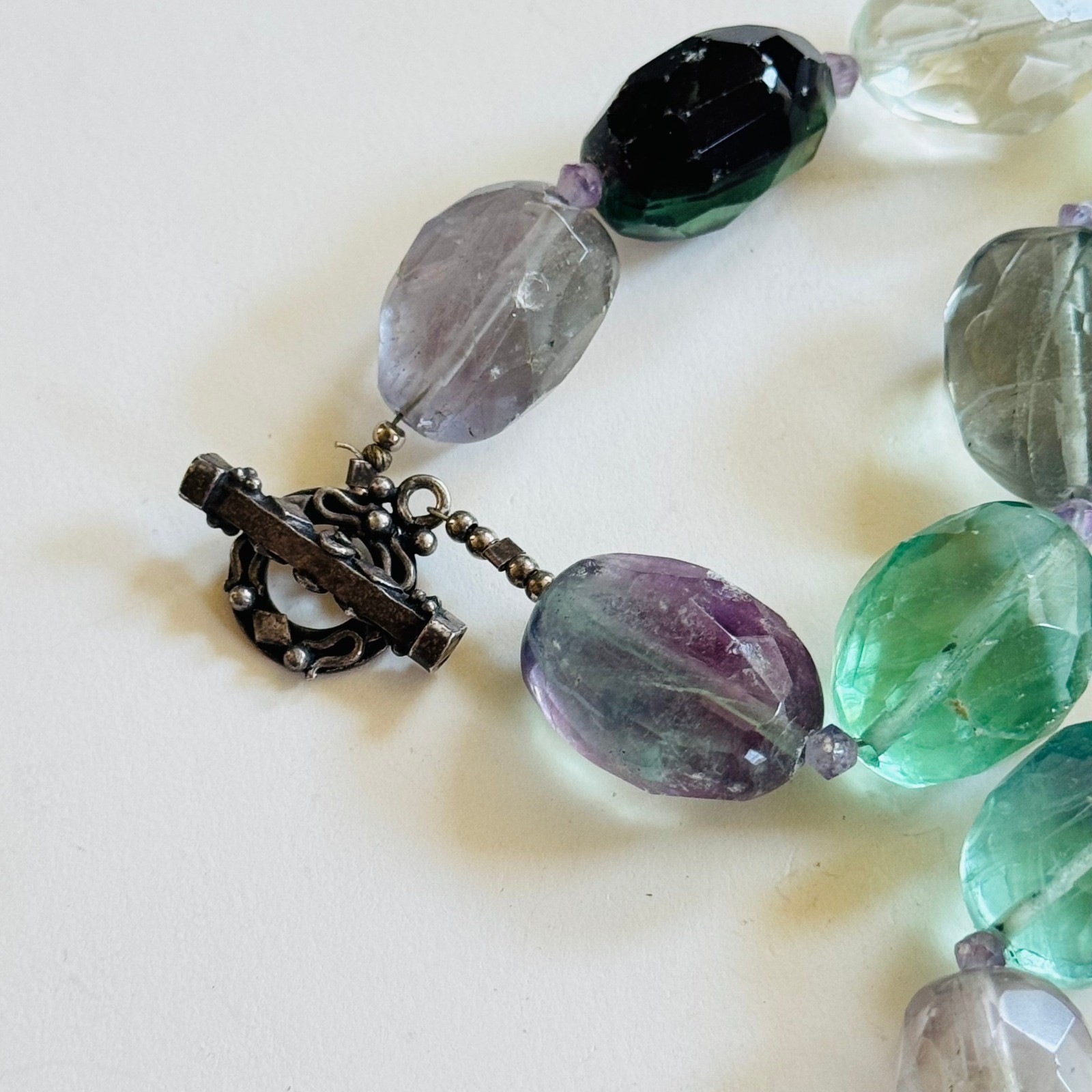 VTG Mermaid Rainbow Fluorite Necklace Natural Beads Whimsical sterling 925 18″