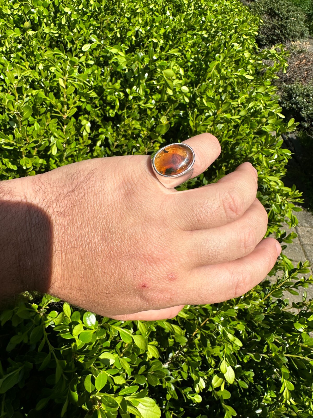 Large Genuine Baltic Amber Stone Mens Real Solid 925 Sterling Silver Signet Ring