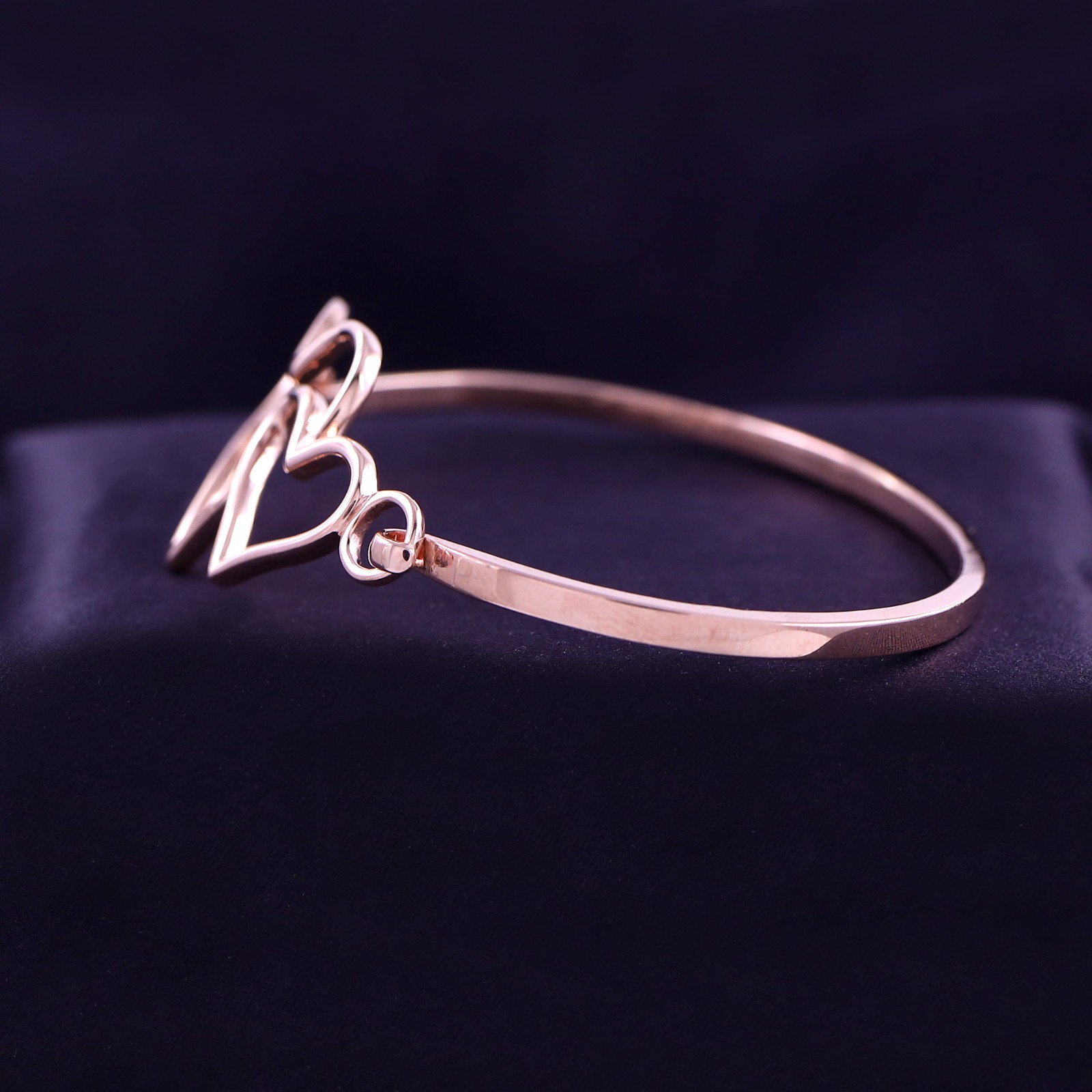 Double Heart One Love 14K Rose Gold Plated Sterling Silver Bangle Bracelet