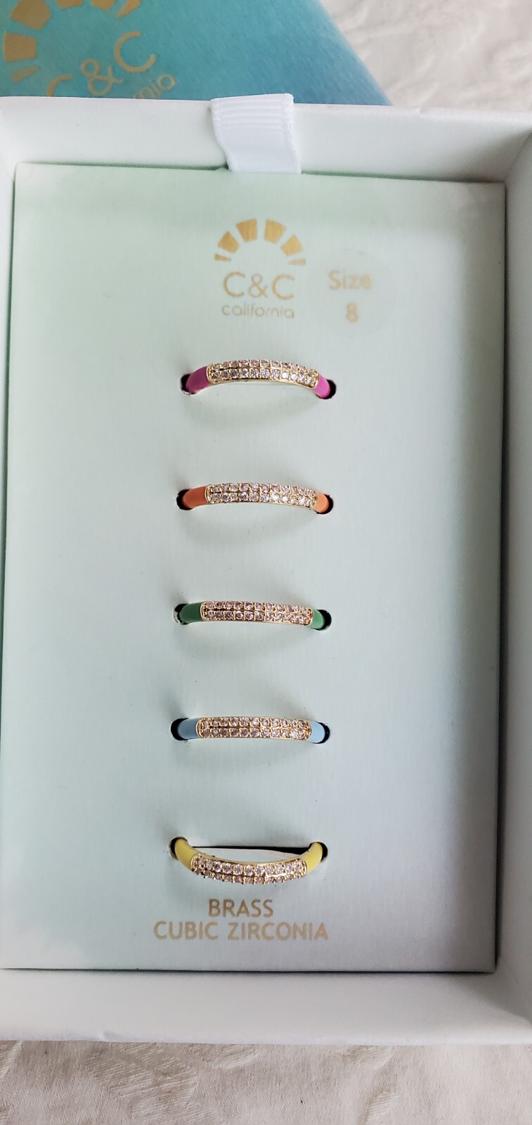 C & C California RING SET Colorful Enamel Brass Cubic Zirconia 5 Rings NEW SZ 8