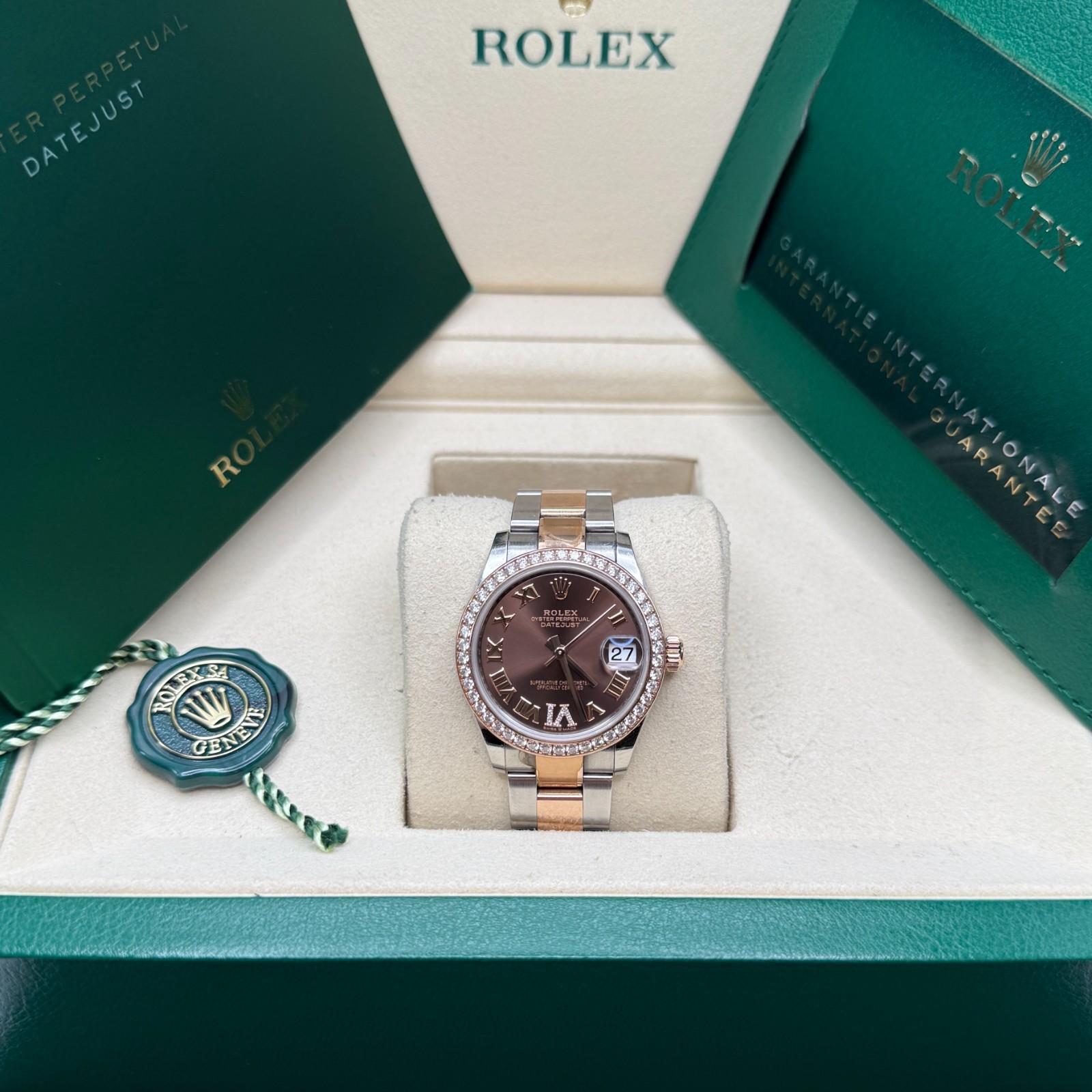 Rolex Datejust 31 Chocolate Roman Diamond Two Tone Rose Diamond Bezel Oyster