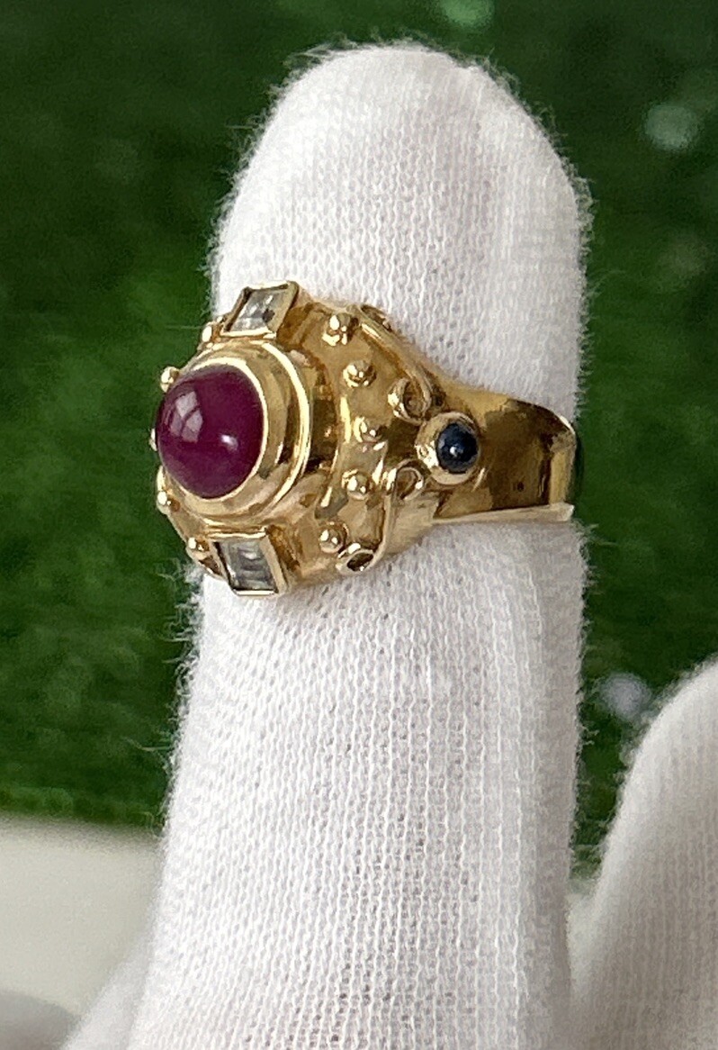 Vtg.10K Solid Yellow Gold Ruby White & Blue Sapphire Ring 7.83g.Heavy – Sz:6.5