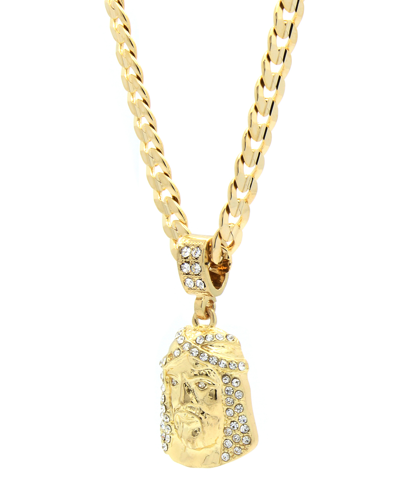 Mens 14k Gold Plated Jesus Face Pendant Cubic Zirconia Hip-Hop 24″ Cuban Chain