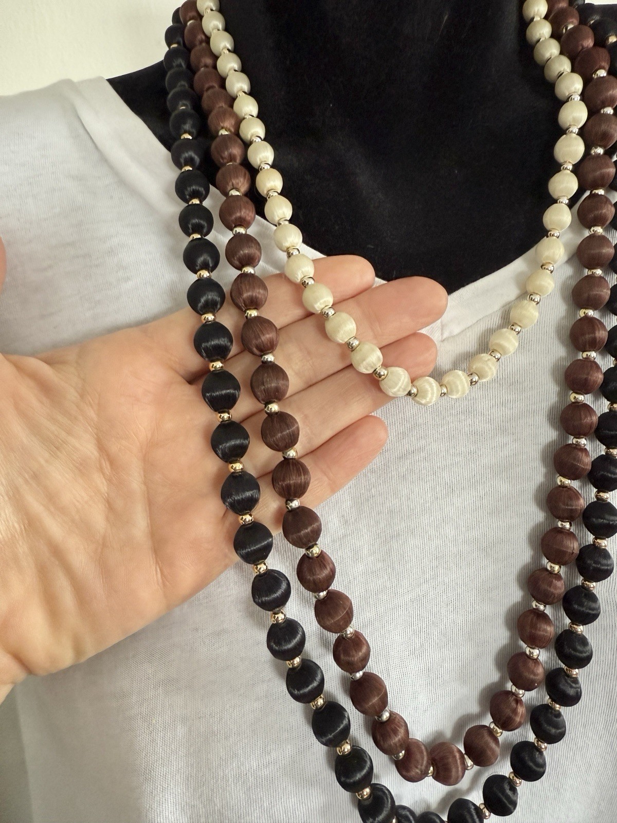 Vintage Multi-Color (Black, Brown and Ivory) Silk Beaded Necklace Set
