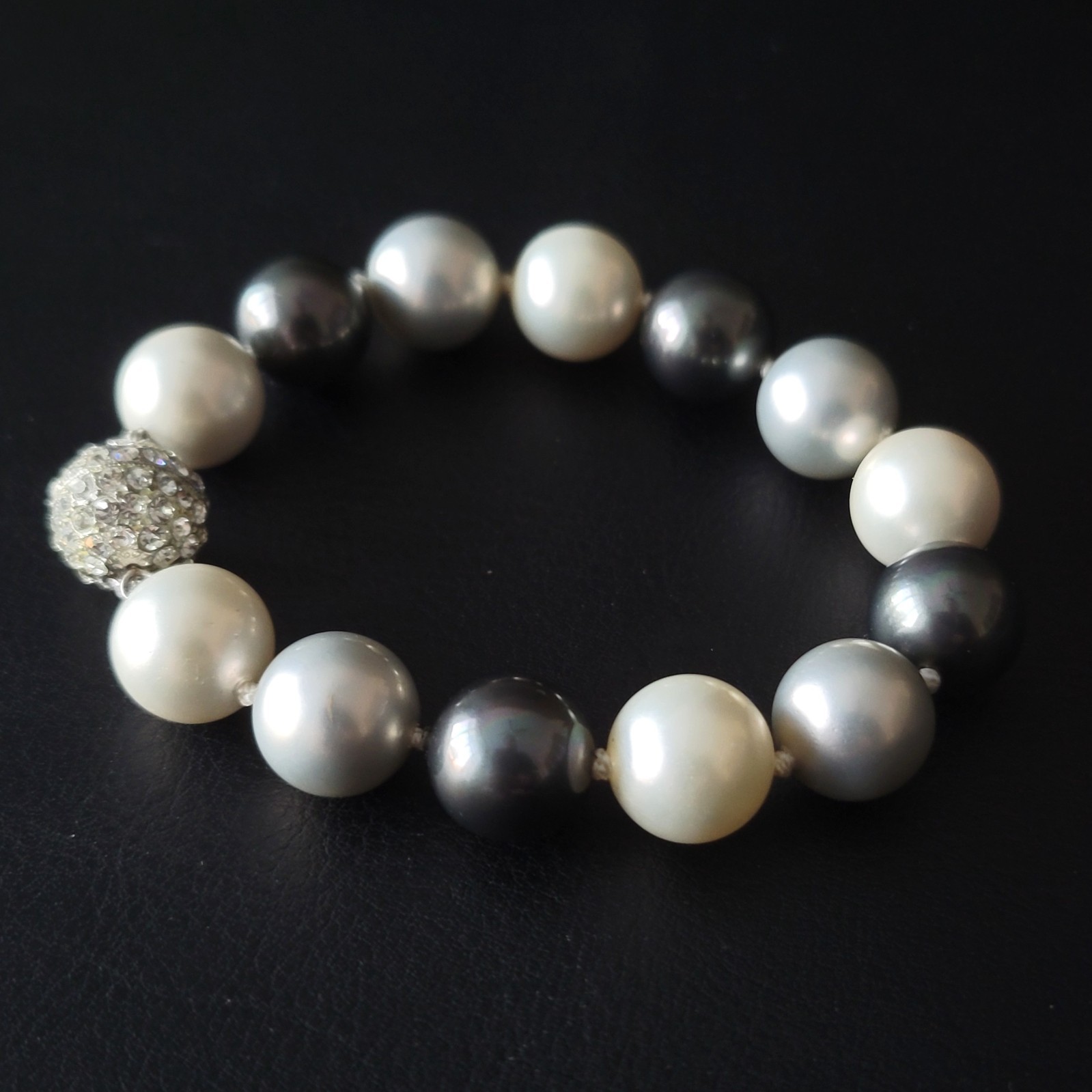 Faux Pearl Bracelet Black Gray White w/ 925 Sterling Silver Clasp + Stones NWOT