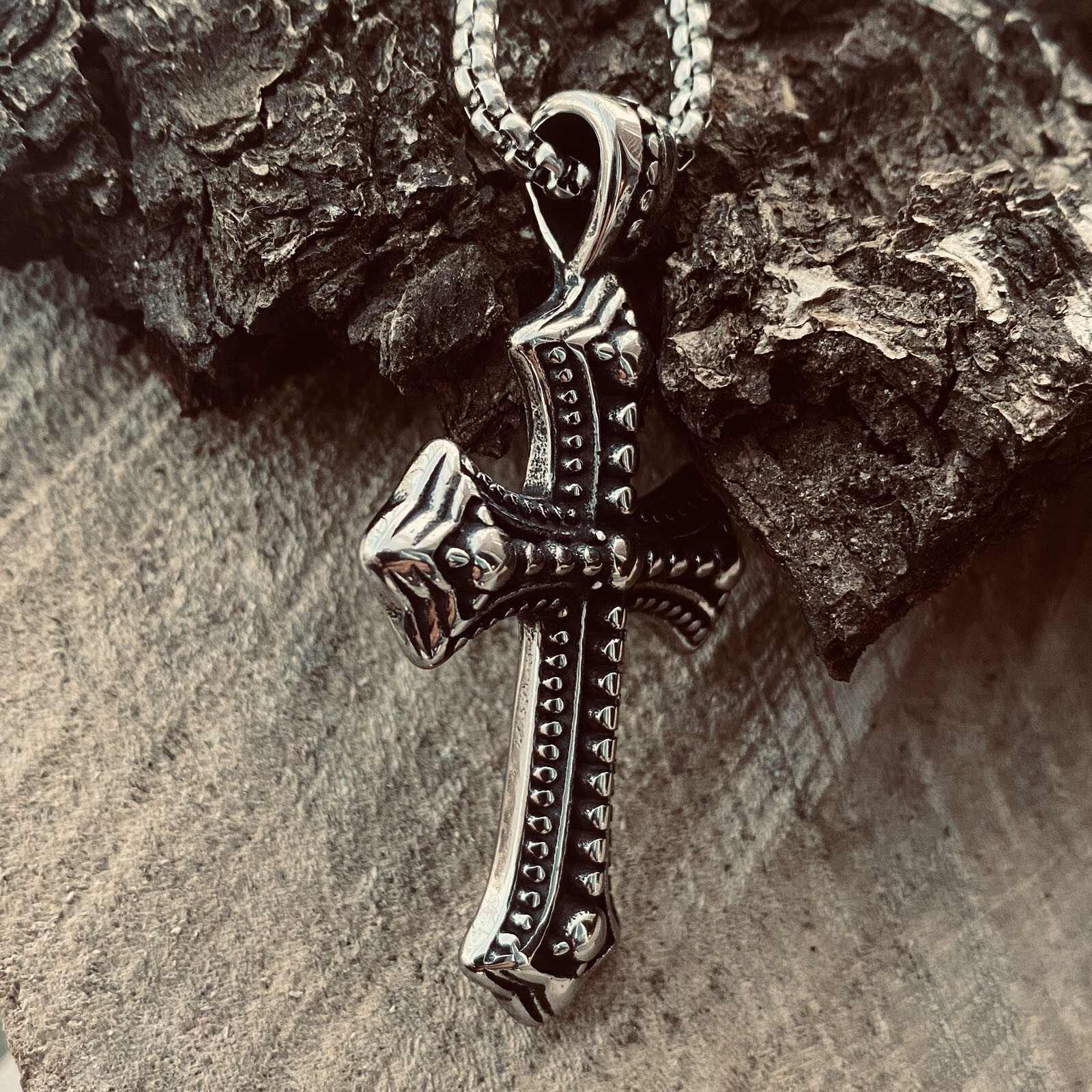 MENDEL Mens Biker Catholic Cross Pendant Necklace For Men Ashes Stainless Steel