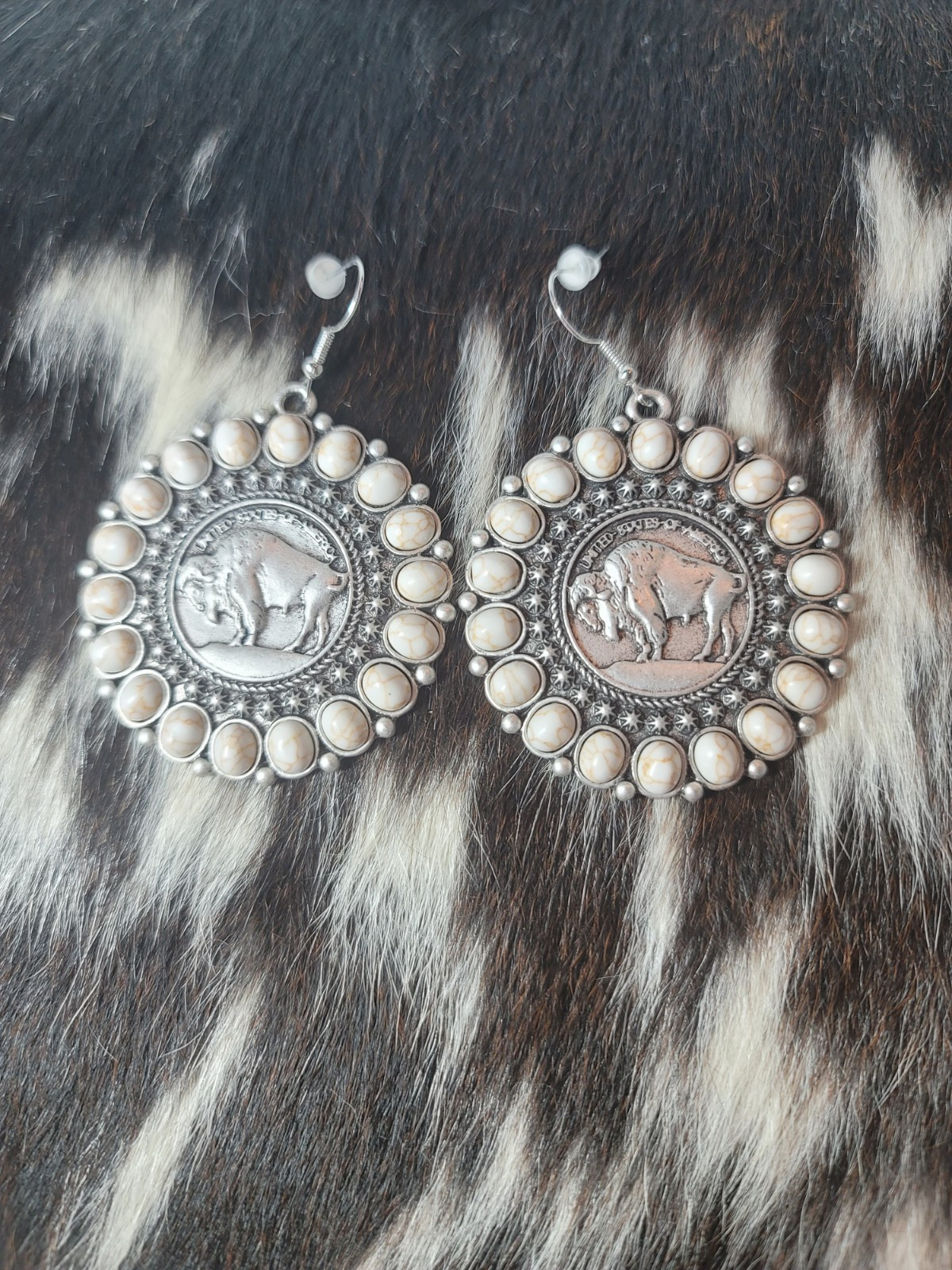 Cream Beaded Buffalo Nickel Replica Earrings