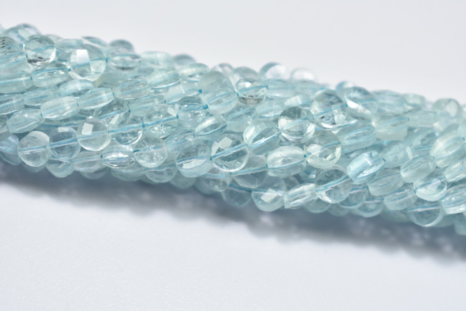 AAA Quality Natural Aquamarine Coin Shape Faceted Gemstone Beads 13″ Strand 5mm