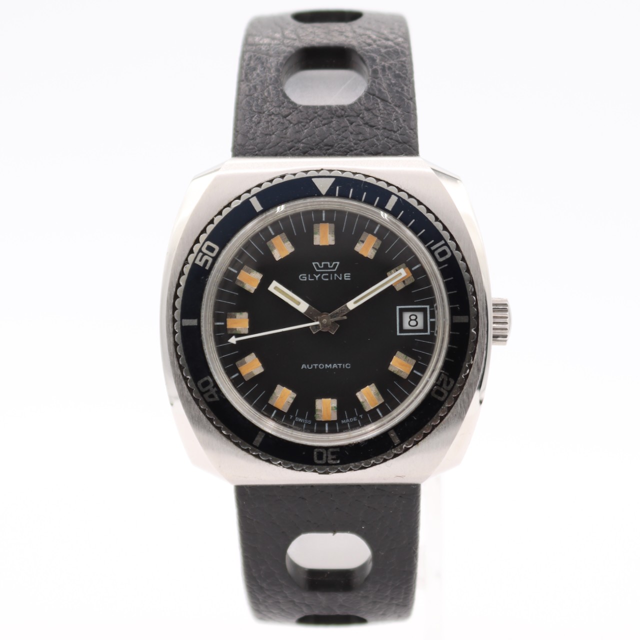 34mm Glycine 313.144 70s Cushion Diver Black Dial Automatic Wristwatch Swiss