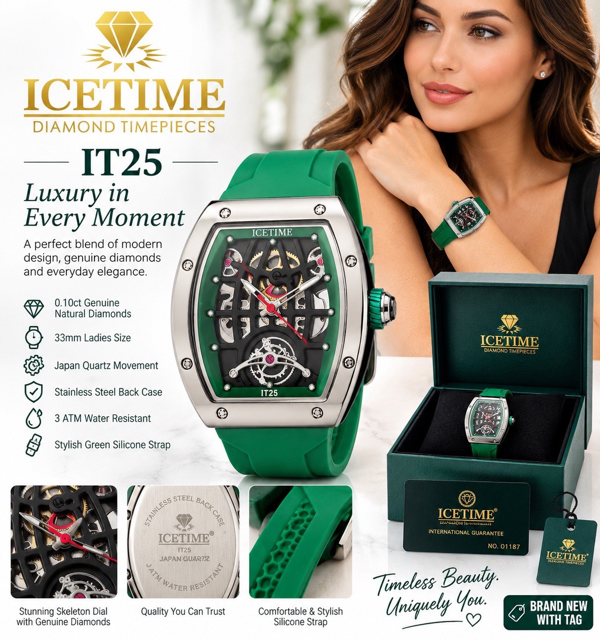 IceTime IT25 Women’s Quartz Skeleton Dial 33mm SS Case Green Silicone 30m