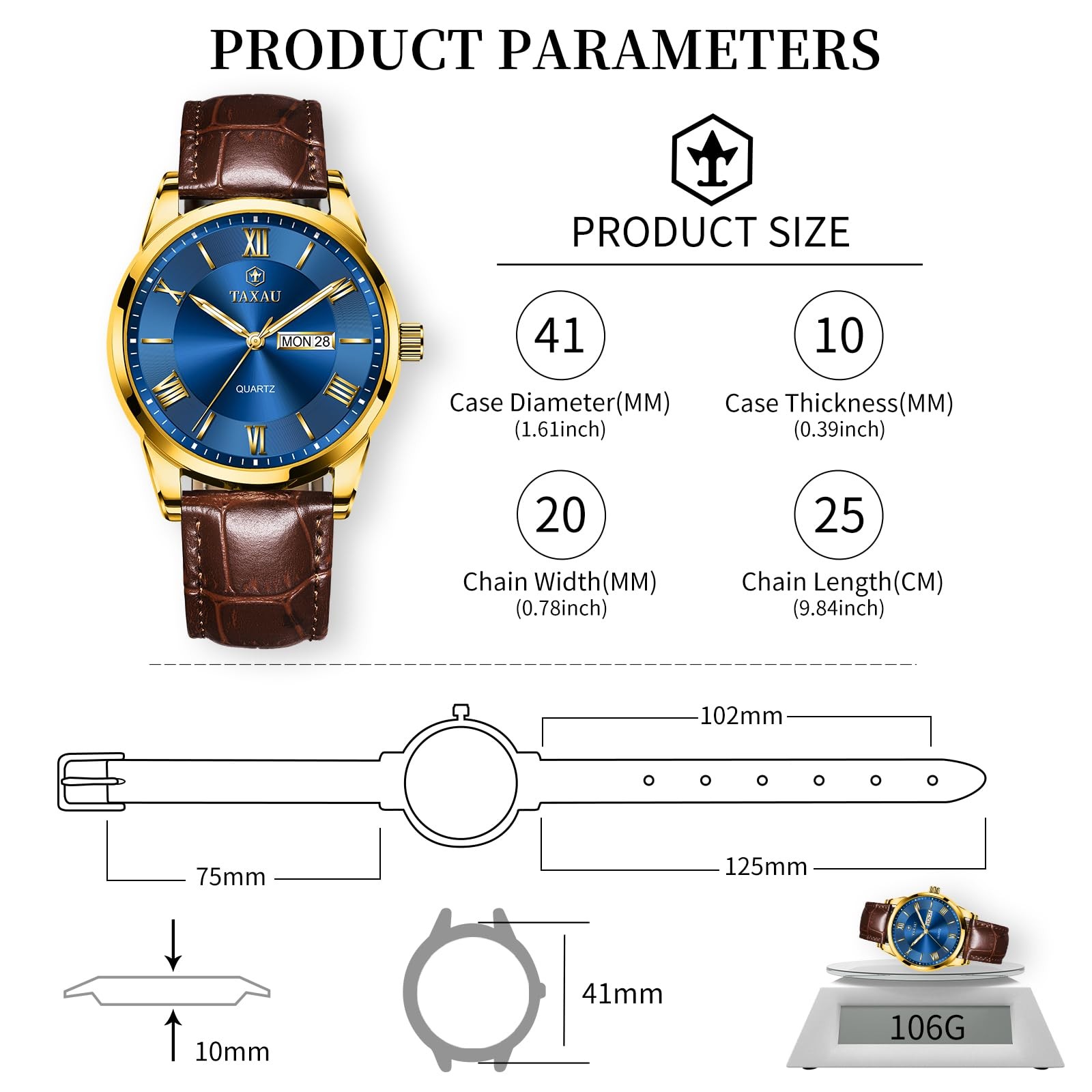 Taxau Leather Watches for Men Blue Face Classic Luxury Men’s Dress Watch Anal…