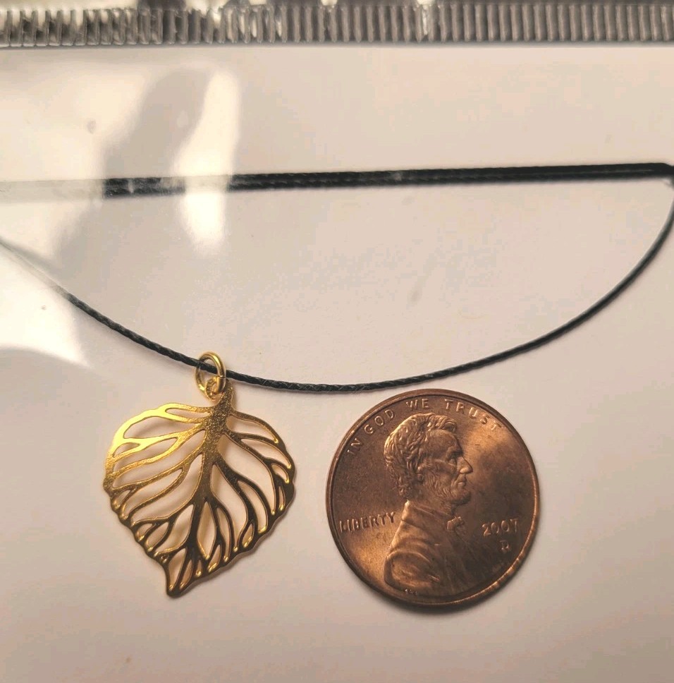 LIV-N-ALOHA 18K Gold Dipped Brass Leaf Pendant & Cord Necklace 17″ Hawaii Unisex