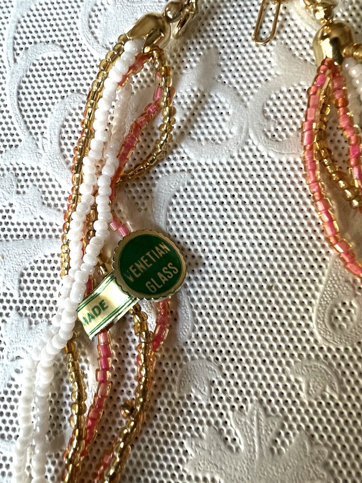 New Vintage Venetian Coral Flower Bead Art Glass Necklace W/Label 15″ + Extender