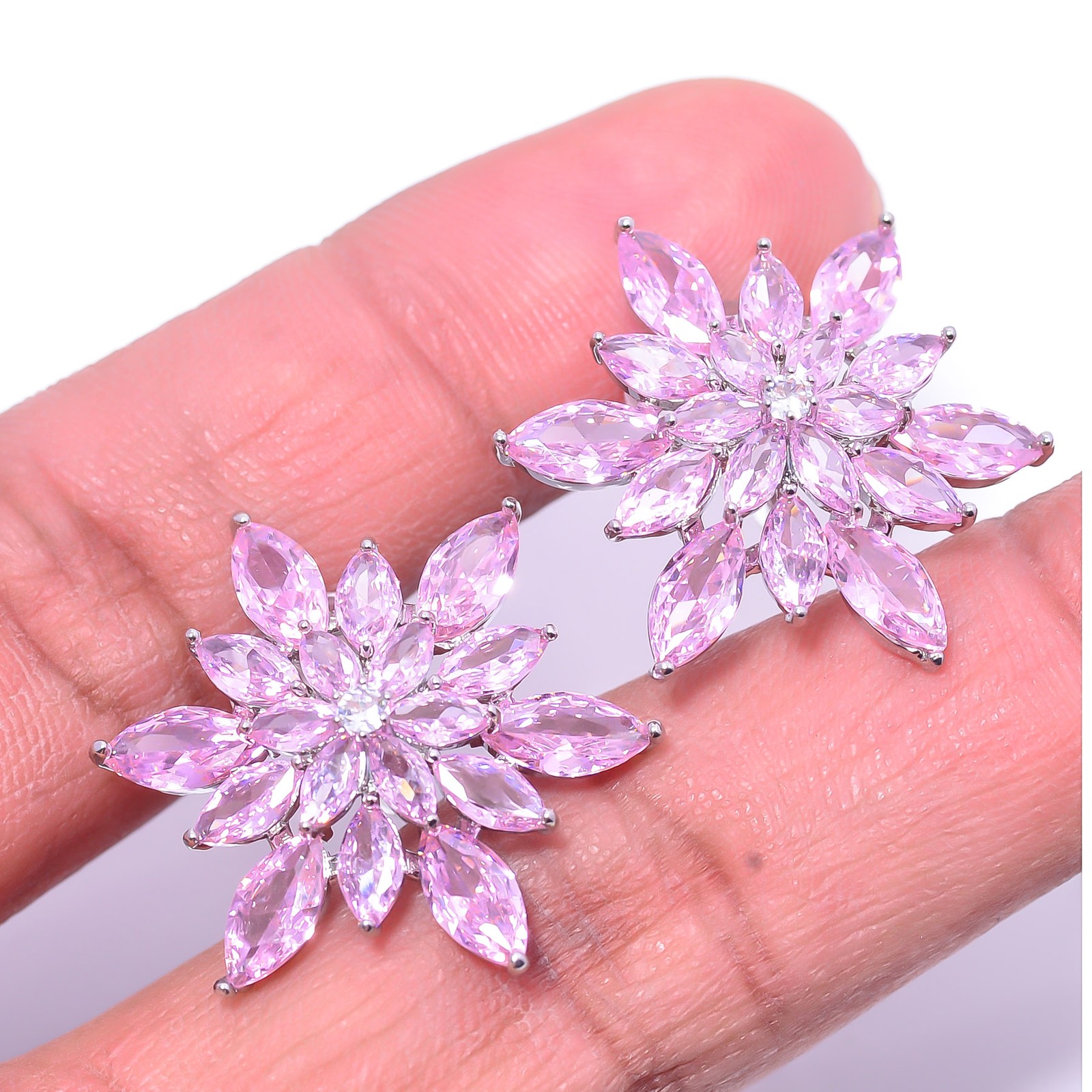 Pink Sapphire – Simulated & CZ 925 Sterling Silver Flower Earring 0.98″ E13