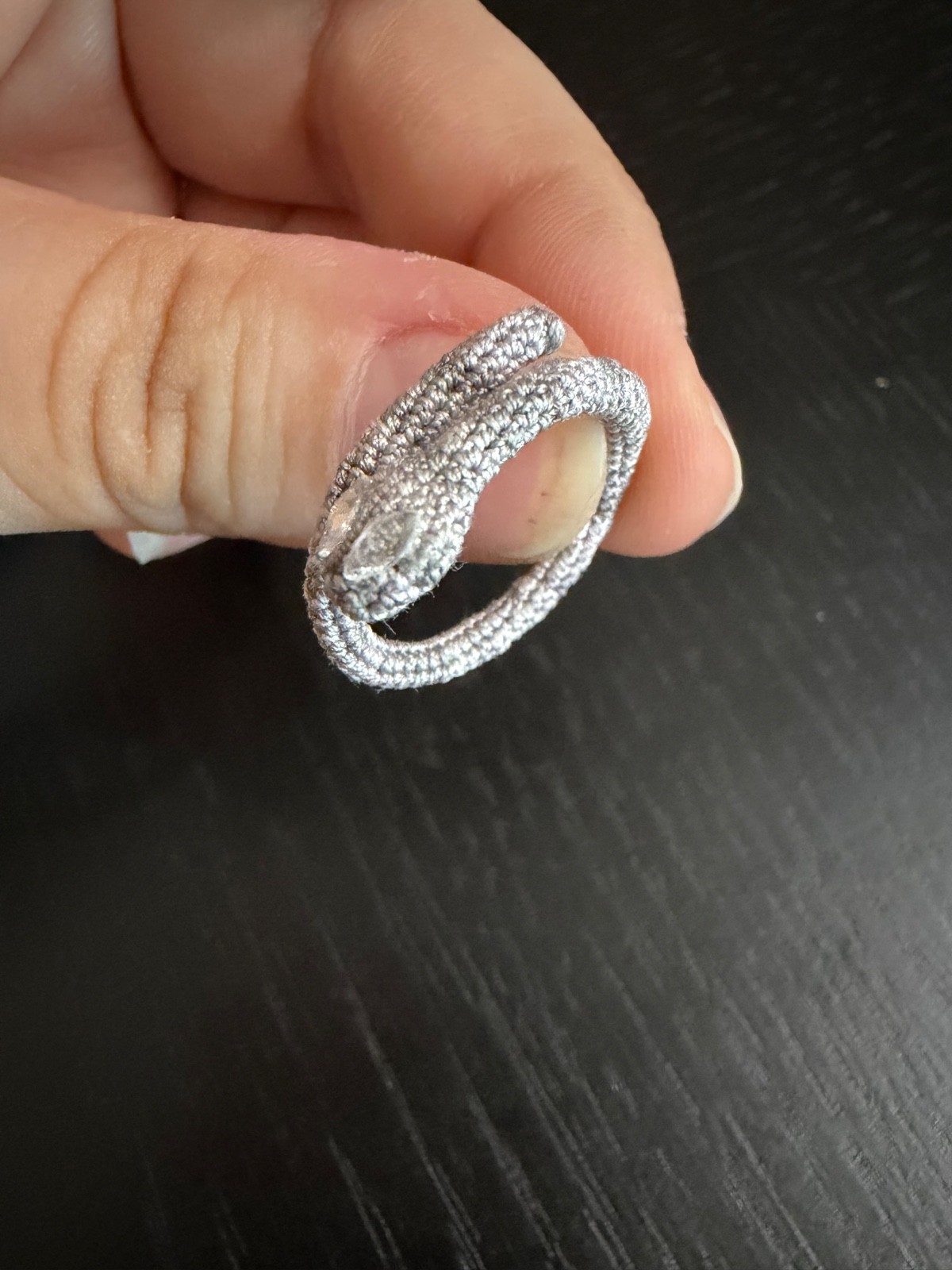 HANDMADE Crochet Snake Ring Rhinestone Eyes Silver Adjustable Wire Statement