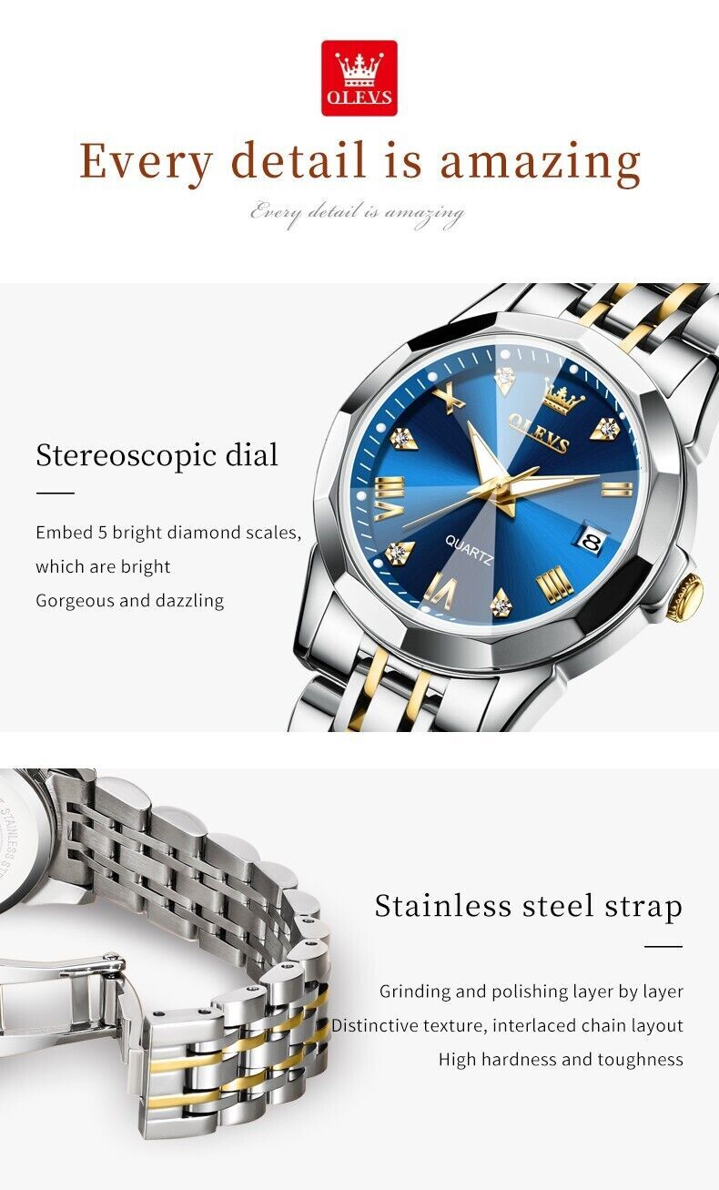 OLEVS Quartz Watch Calendar Stainless Steel Waterproof Women’s Wristwatches Gift